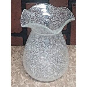 Art Glass Vase Hand Blown Clear With White Splatter Ruffle Top 7” Scalloped edge